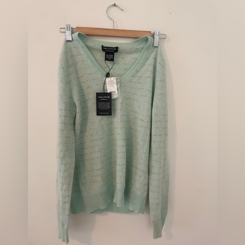 Lord & Taylor 100 % Cashmere Sweater in Soft Mint and Grey strip Small